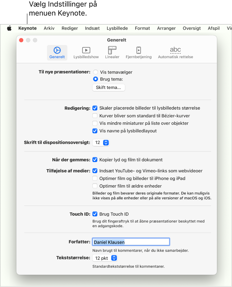 Vinduet Generelt åbent i Keynote-indstillinger.