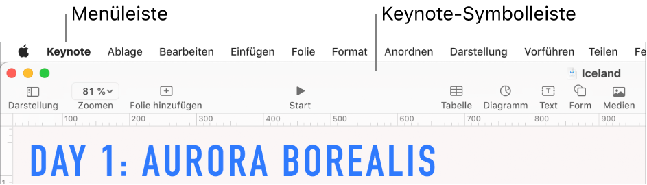 Die Menüleiste oben auf dem Bildschirm mit den Menüs „Apple“, „Keynote“, „Ablage“, „Bearbeiten“, „Einfügen“, „Format“, „Anordnen“, „Darstellung“, „Vorführen“, „Teilen“, „Fenster“ und „Hilfe“. Unter den Menüleiste befindet sich eine geöffnete Keynote-Präsentation mit den Tasten „Darstellung“, „Zoomen“, „Folie hinzufügen“, „Vorführen“, „Tabelle“, „Diagramm“, „Text“, „Form“ und „Medien“ in der Symbolleiste.