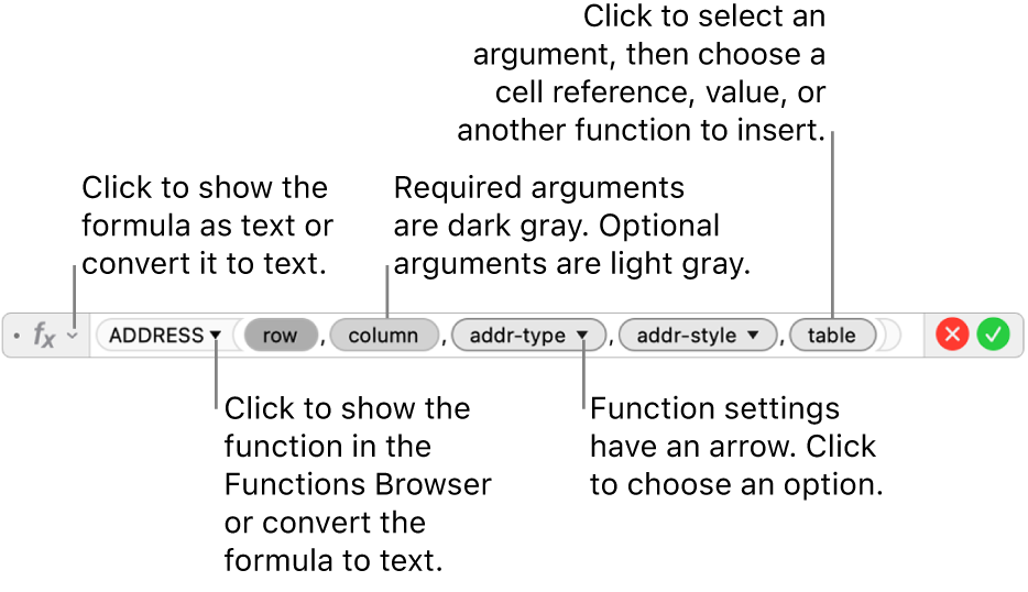 The Formula Editor showing the ADDRESS function and its arguments tokens.