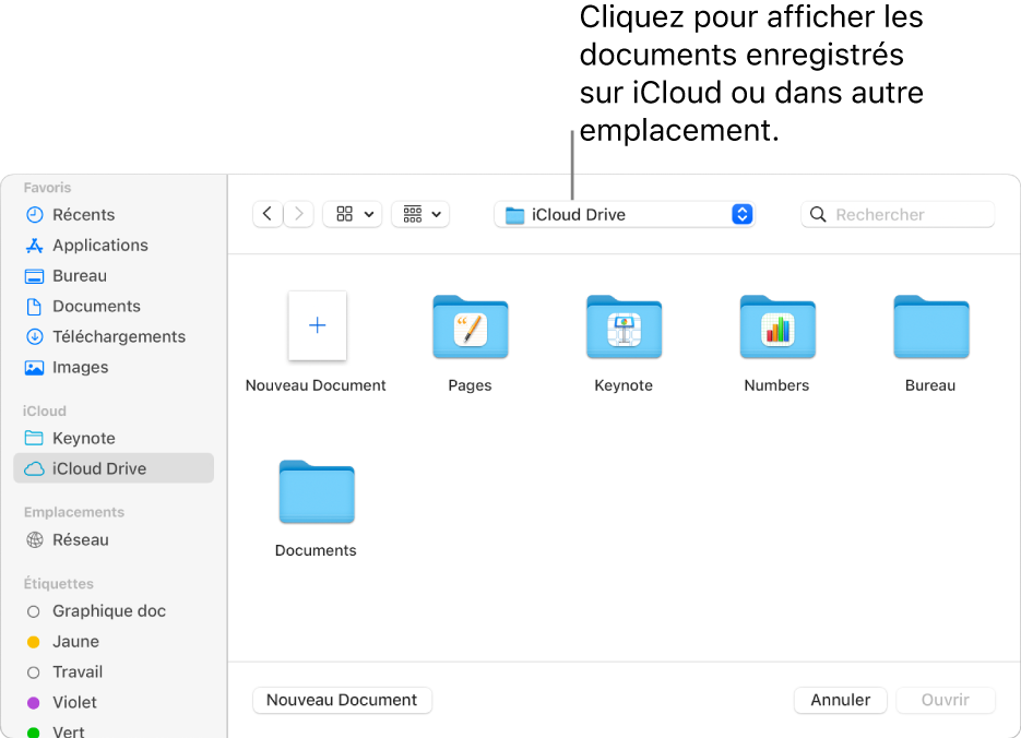 La boîte de dialogue Ouvrir avec la barre latérale s’ouvre à gauche et le lecteur iCloud Drive sélectionné apparaît dans le menu contextuel en haut de l’écran. Les dossiers de Keynote, Numbers et Pages apparaissent dans la boîte de dialogue ainsi qu’un bouton Nouveau document.