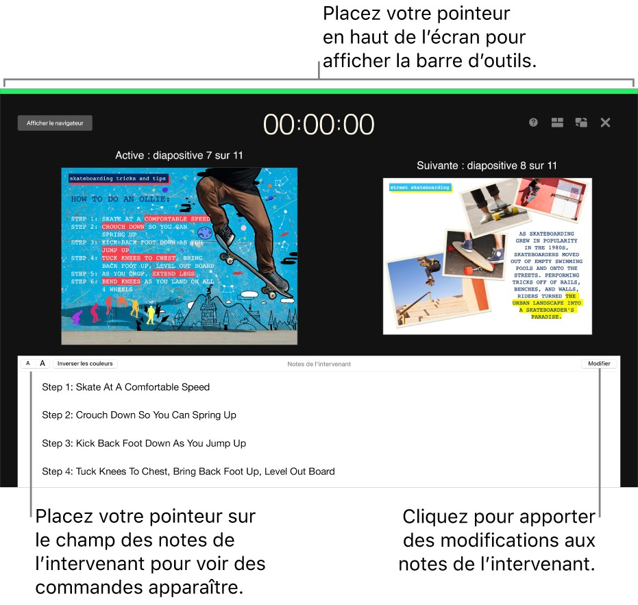 L’affichage de l’intervenant de Keynote avec des boutons pour ouvrir et fermer le navigateur de diapositives ainsi que des options d’affichage en haut de l’écran. La diapositive en cours et la diapositive suivante figurent au milieu de l’écran, avec le champ des notes de l’intervenant en bas.