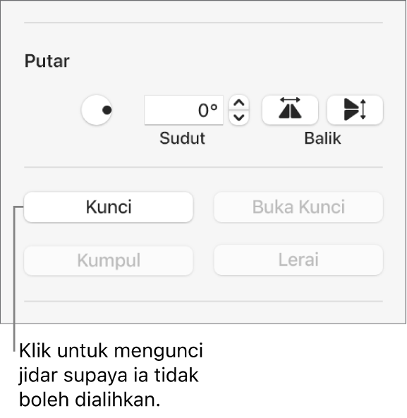 Kawalan Putar, Kunci dan Kumpul objek dengan butang Kunci aktif.