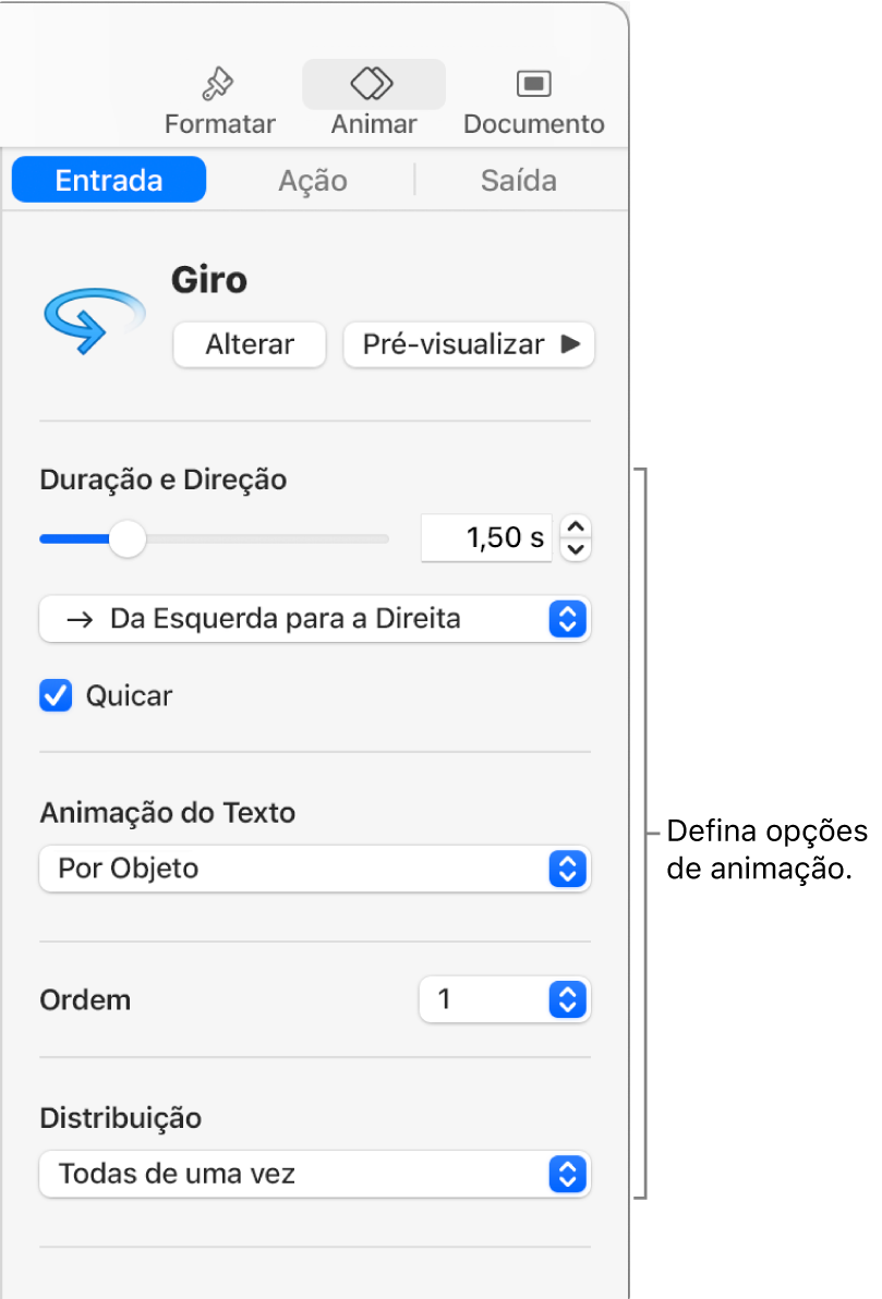 Opções de Entrada na seção Animar da barra lateral.
