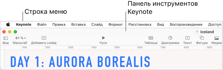 Вверху экрана находится строка меню, содержащая меню «Apple», «Keynote», «Файл», «Правка», «Вставка», «Формат», «Расстановка», «Вид», «Воспроизведение», «Доступ», «Окно» и «Справка». Под строкой меню показана открытая презентация Keynote. Сверху расположена панель инструментов с кнопками «Вид», «Масштаб», «Добавить слайд», «Воспроизведение», «Таблица», «Диаграмма», «Текст», «Фигура» и «Медиа».