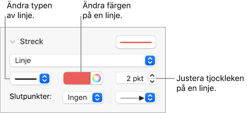 Streckreglagen för att ställa in slutpunkter, linjetjocklek och färg.