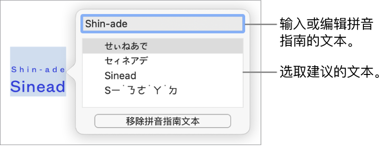 打开的拼音指南，字词的文本栏和建议的文本栏带有标注框。