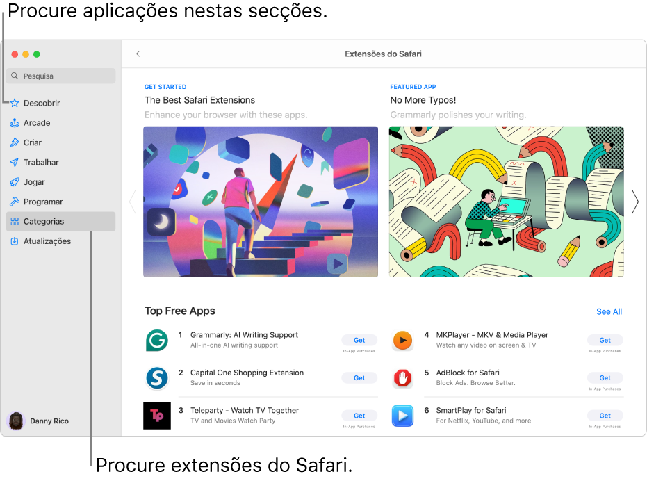 A página Extensões do Safari da Mac App Store. A barra lateral à esquerda inclui hiperligações para outras páginas: Descobrir, Arcade, Criar, Trabalhar, Jogar, Programar, Categorias e Atualizações. À direita estão disponíveis extensões do Safari.