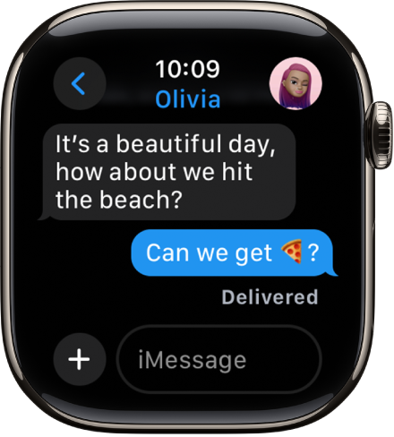 Apple Watch, показващ разговор в приложението Messages (Съобщения).