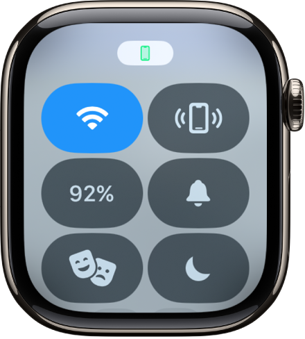 Kontrolcenter med statussymbolet Forbindelse oprettet øverst, der viser, at Apple Watch har forbindelse til iPhone.