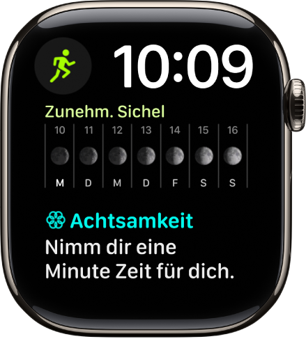 Das Zifferblatt „Modular Duo“ mit einer digitalen Uhr oben rechts und drei Komplikationen: „Training“ oben links, „Mondphase“ in der Mitte und „Achtsamkeit“ unten.