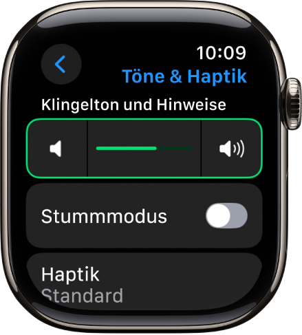 Die Einstellungen für „Töne & Haptik“ auf der Apple Watch mit dem Regler „Warnton-Lautstärke“ oben und dem Schalter „Stummmodus“ darunter.