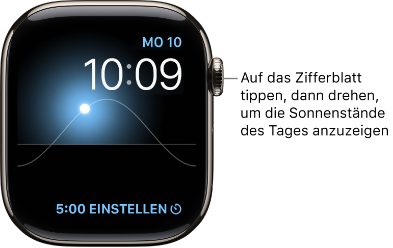 Auf dem Zifferblatt „Sonnendiagramm“ werden Wochentag, Datum und aktuelle Uhrzeit angezeigt; die nicht verstellt werden können. Eine Komplikation „Timer“ befindet sich unten rechts. Tippe auf das Zifferblatt und drehe dann die Digital Crown, um den Stand der Sonne auf Abenddämmerung, Morgendämmerung, Zenit, Sonnenuntergang oder Nacht zu ändern.