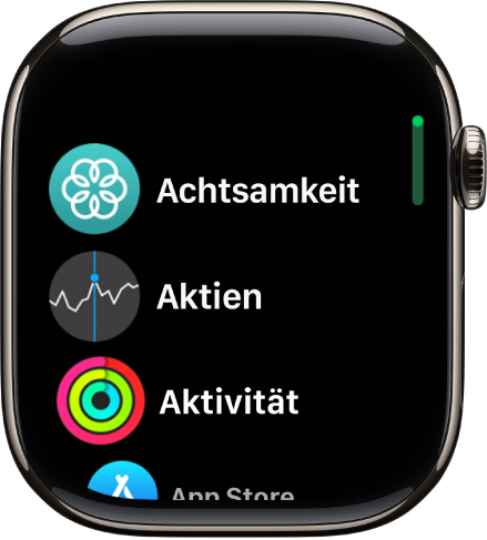 Der Home-Bildschirm in der Listendarstellung mit Apps in alphabetischer Reihenfolge.