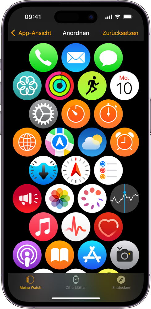 Der Bildschirm „Anordnen“ der Apple Watch-App zeigt ein Raster von Symbolen.