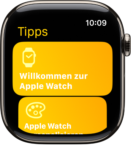 Die App „Tipps“ zeigt eine Reihe von Tipps, wie zum Beispiel „Willkommen bei der Apple Watch“.