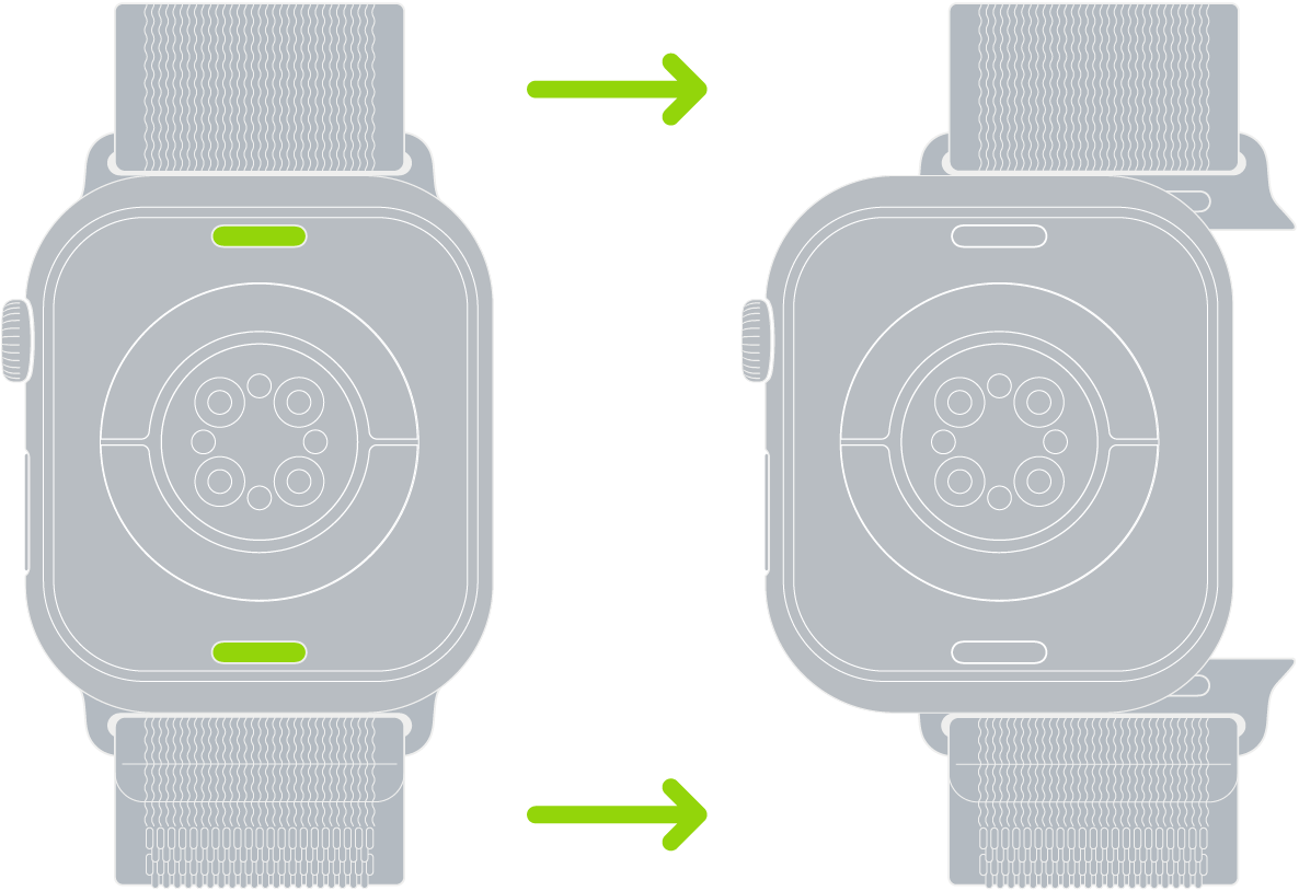 Two images of Apple Watch. The image on the left shows the band release button. The image on the right shows a watch band partially inserted into the band slot.