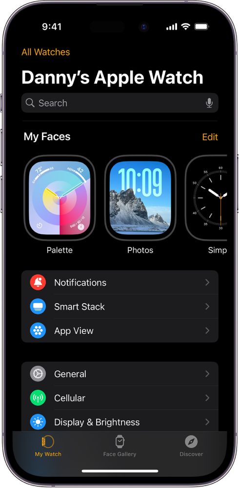 The Apple Watch app on iPhone open to the My Watch screen, which shows your watch faces near the top, and settings below. There are three tabs at the bottom of the Apple Watch app screen: the left tab is My Watch, where you go for Apple Watch settings; next is the Face Gallery, where you can explore available watch faces and complications; then Discover, where you can learn more about Apple Watch.