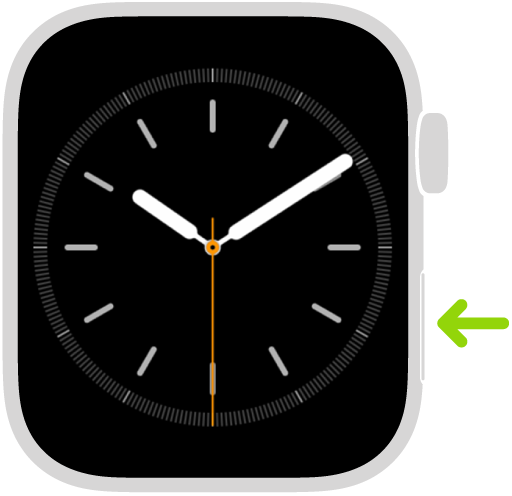 Illustration of Apple Watch with an arrow pointing to the side button at lower right.