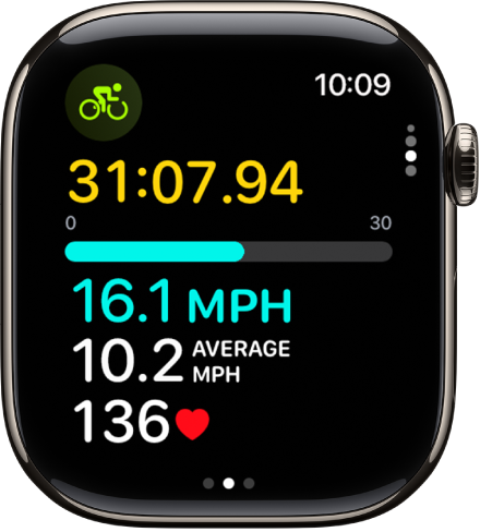 A cycling workout in progress shows the workout’s elapsed time, speed, average speed, and heart rate.