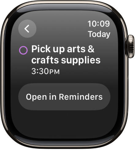 Calendar screen showing a reminder. The name of the reminder is at the top with the reminder’s time below. The date of the event is at the top right. A button to open the reminder in the Reminders app is at the bottom of the screen.