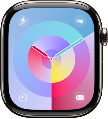 The Palette watch face showing an analog clock in the middle and four complications: Workout at the top left, Translate at the top right, Timer at the bottom left, and Mail at the bottom right.