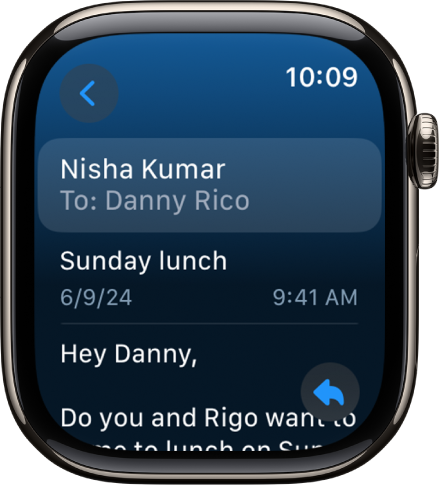 An email message open in the Mail app. The recipient’s name appears at the top, the subject, date and time below; and then the body of the message near the bottom. A Reply button is at the bottom right and a Back button at the top left.