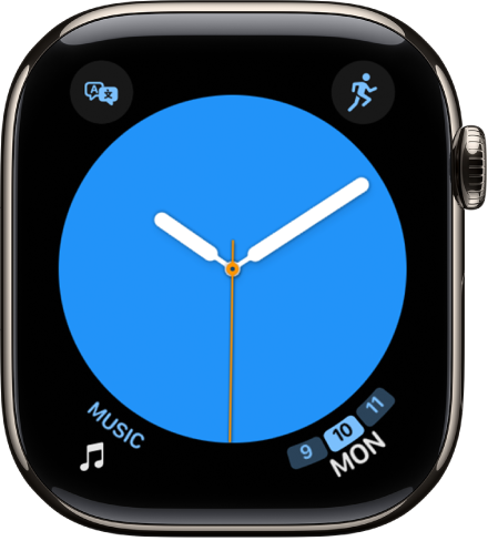 The Color watch face, where you can adjust the color of the watch face. It shows four complications: Translate at the top left, Workout at the top right, Music at the bottom left, and Calendar at the bottom right.