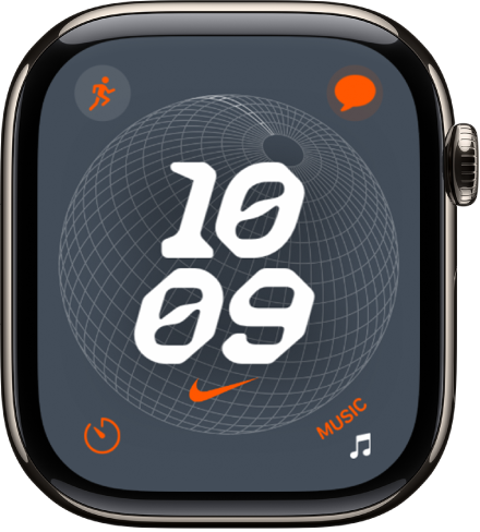 The Nike Globe watch face showing a digital clock in the middle with four complications: Workout at the top left, Messages at the top right, Timer at the bottom left, and Music at the bottom right.