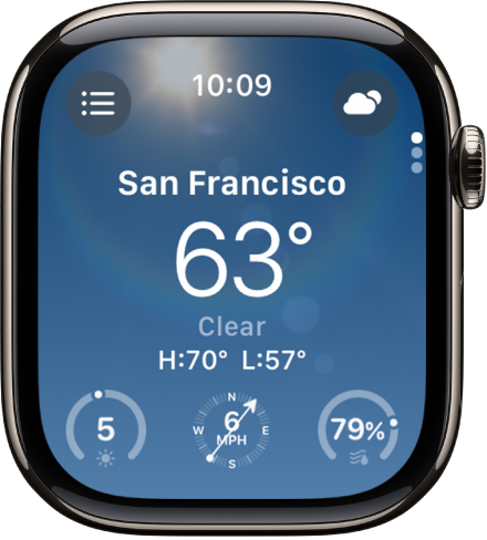 La app Clima mostrando un panorama general del estado del clima del día. El nombre de la ubicación aparece con la temperatura debajo. Hay tres botones en la parte inferior: Índice de rayos UV, Velocidad del viento y Precipitación. El botón Lista de ubicaciones está en la esquina superior izquierda y el botón Estado del clima está en la esquina superior derecha.