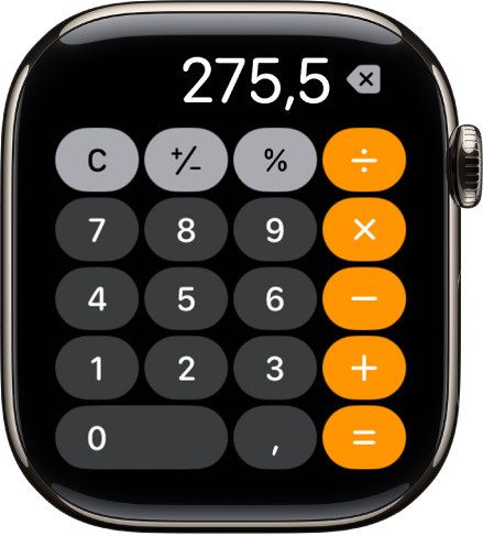 Apple Watch con la app Calculadora. La pantalla muestra el típico teclado numérico con las funciones matemáticas a la derecha. Arriba están los botones C, suma, resta y Propina.