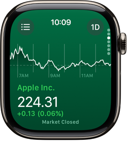 Renseignements sur une action dans l’app Bourse. Un grand graphique qui montre l’évolution du cours sur un mois s’affiche au centre de l’écran.