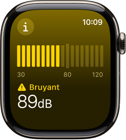 L’app Bruit affichant un sonomètre et un niveau sonore de 89 décibels avec au-dessus le mot « Bruyant ».