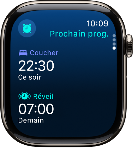 App Sommeil sur l’Apple Watch montrant le programme de sommeil de la soirée. Coucher apparaît en haut et l’heure de Réveil se trouve en dessous.