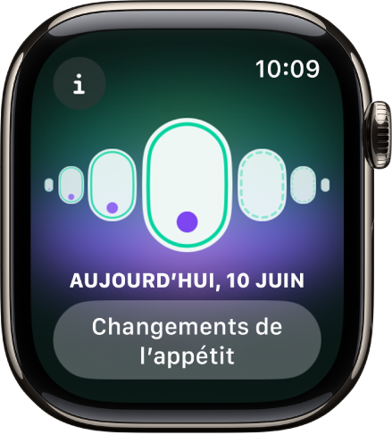 Écran dans l’app Suivi de cycle montrant une grossesse enregistrée avec un symptôme consigné en bas de l’écran.