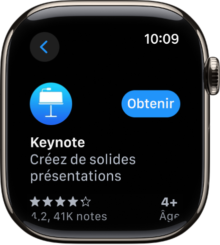 Écran de l’App Store affichant la page produit d’une app avec une courte description de l’app, ses évaluations et le bouton Obtenir sur la droite.