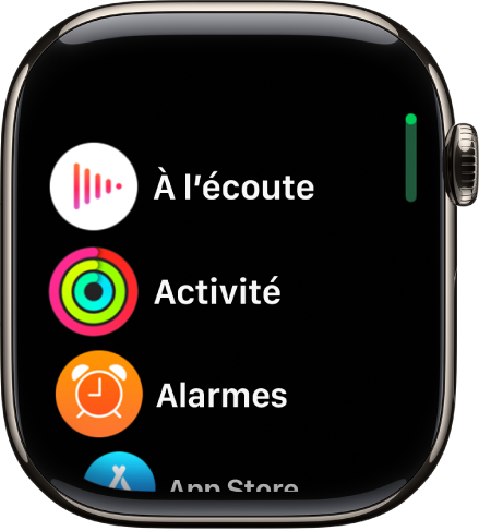 Écran d’accueil en présentation par liste, avec les apps dans l’ordre alphabétique.