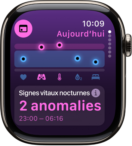 Écran dans l’app Signes vitaux affichant des deux anomalies dans les mesures nocturnes.