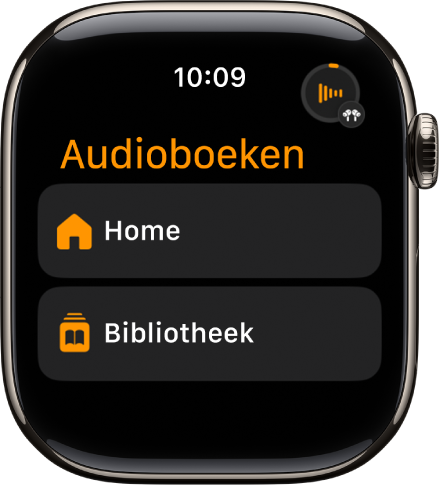 De Audioboeken-app, met de knoppen 'Home' en 'Bibliotheek'.