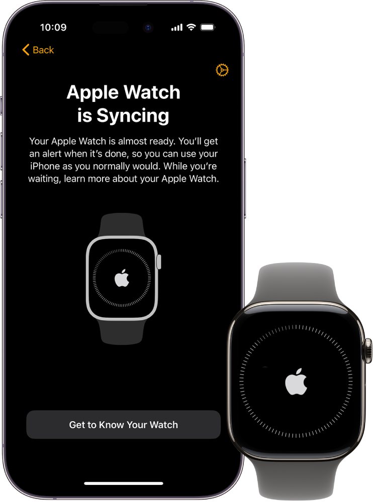 En iPhone og Apple Watch som viser synkroniseringsskjermene.