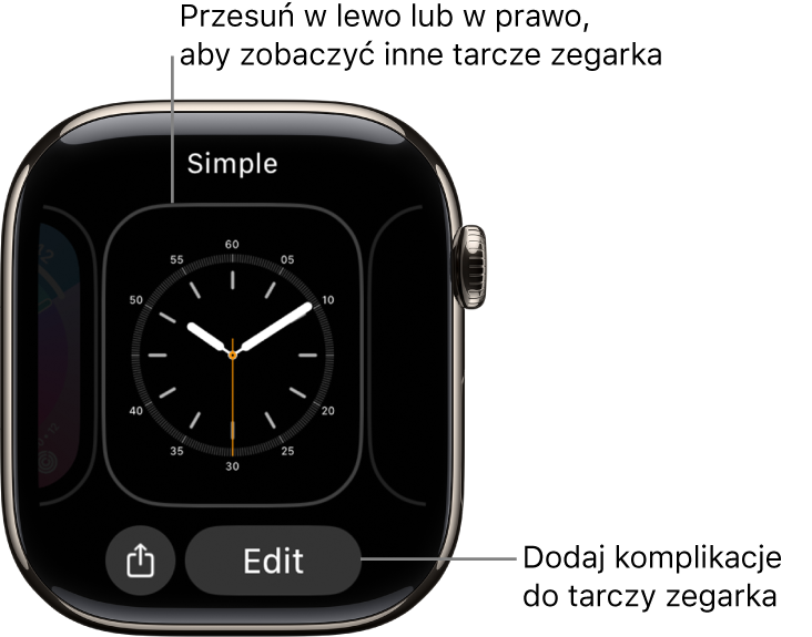 Tarcza zegarka z przyciskami Udostępnij oraz Edytuj, wyświetlanymi po dotknięciu i przytrzymaniu tarczy. Nazwa tarczy zegarka jest wyświetlana na górze. Aby przeglądać dostępne tarcze, przesuwaj palcem w lewo lub w prawo. Stuknij w komplikację, aby dodać żądane funkcje.