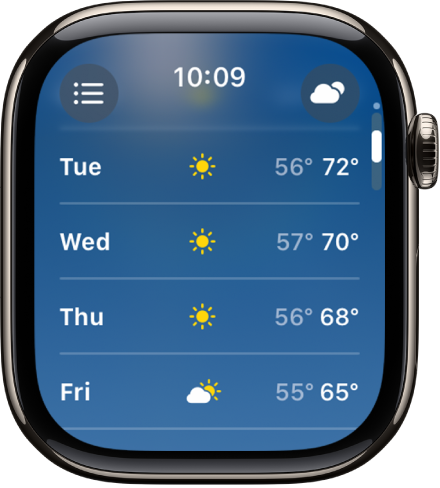 Zaslon z 10-dnevno napovedjo, ki prikazuje štiri dni ocenjenih nizkih in visokih temperatur.