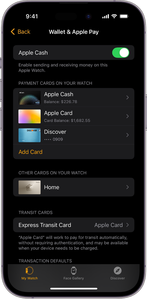 Apple Watch uygulamasında Cüzdan ve Apple Pay ayarlarını gösteren bir iPhone ekranı.