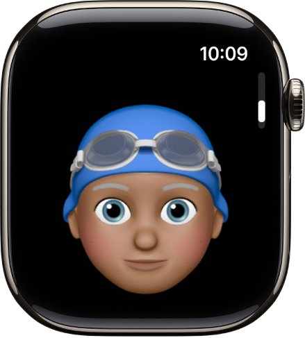 Apple Watch 上的 Memoji App 顯示一張臉。