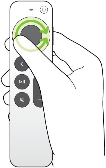 Illustration showing circling the clickpad ring of the remote (2nd generation or later) to scrub video backward or forward.