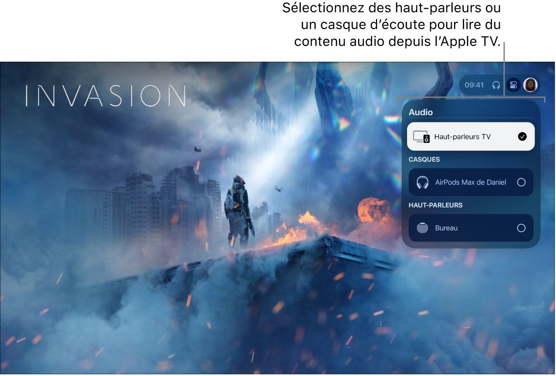Écran de l’Apple TV avec les commandes audio du centre de contrôle