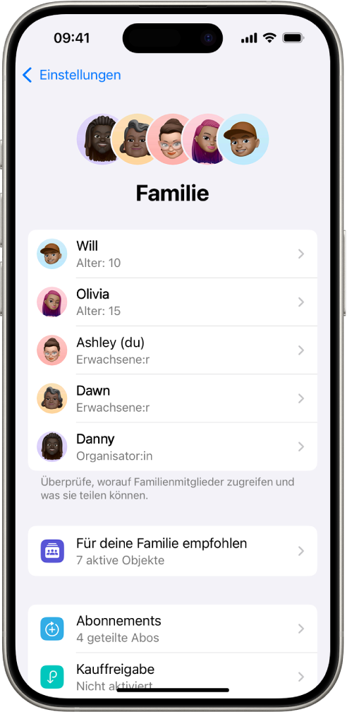 Der Bildschirm „Familienfreigabe“ in der App „Einstellungen“. Fünf Familienmitglieder sind aufgeführt. Unter deren Namen sind die Familienempfehlungen, Abonnements und die Optionen für die Kauffreigabe.