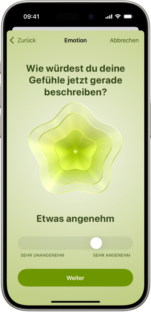 Ein Bildschirm mit der Stimmungsangabe „Ganz gut“ in der App „Health“. Unten auf dem Bildschirm befindet sich ein Regler zum Anpassen der Stimmungsintensität.