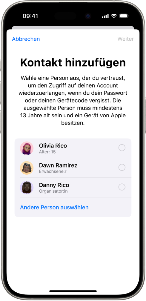 Der Bildschirm „Wiederherstellungskontakt“ zeigt vorgeschlagene Kontakte, die als Wiederherstellungskontakte gewählt werden können, sowie die Option, eine andere Person auszuwählen.