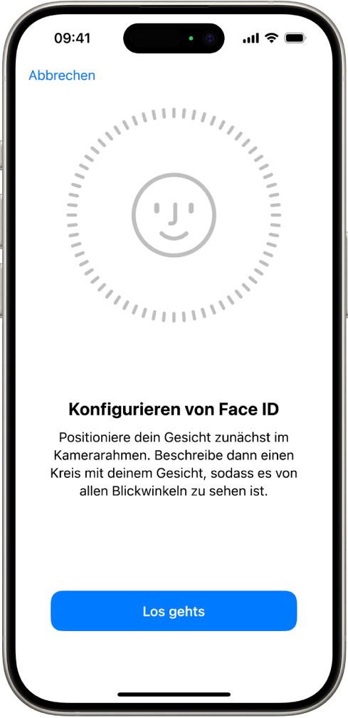 Der Konfigurationsbildschirm für die Face ID-Erkennung. Auf dem Bildschirm ist ein Gesicht zu sehen, das von einem Kreis umgeben ist. Der Text unter dem Gesicht weist den:die Benutzer:in an, den Kopf langsam zu bewegen, um den Kreis zu schließen.