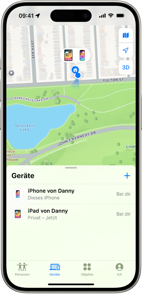 Der Bildschirm „Wo ist?“ auf dem zwei Geräte zu Hause zu sehen sind.